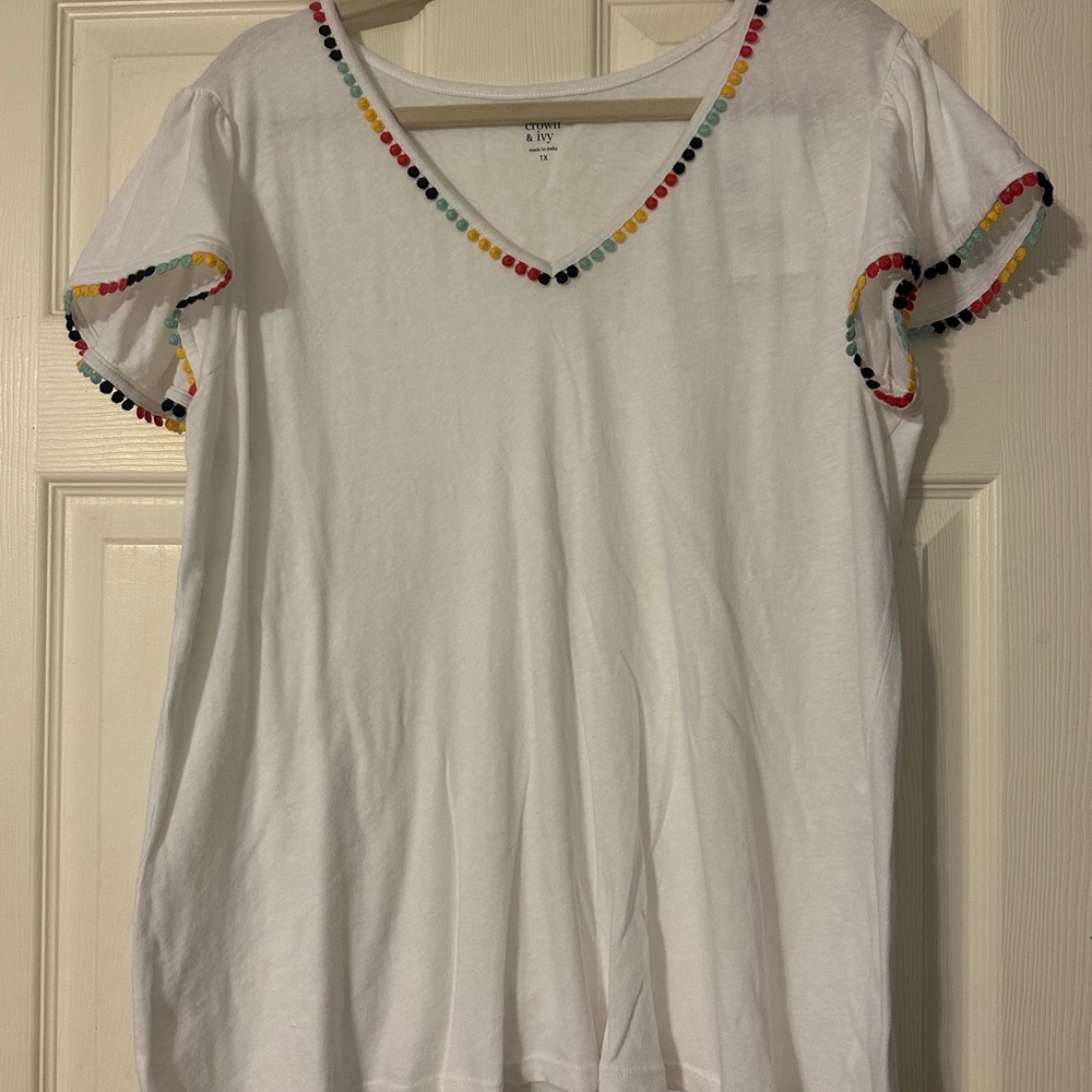 Crown and Ivy women’s shirt with multi-colored trim.